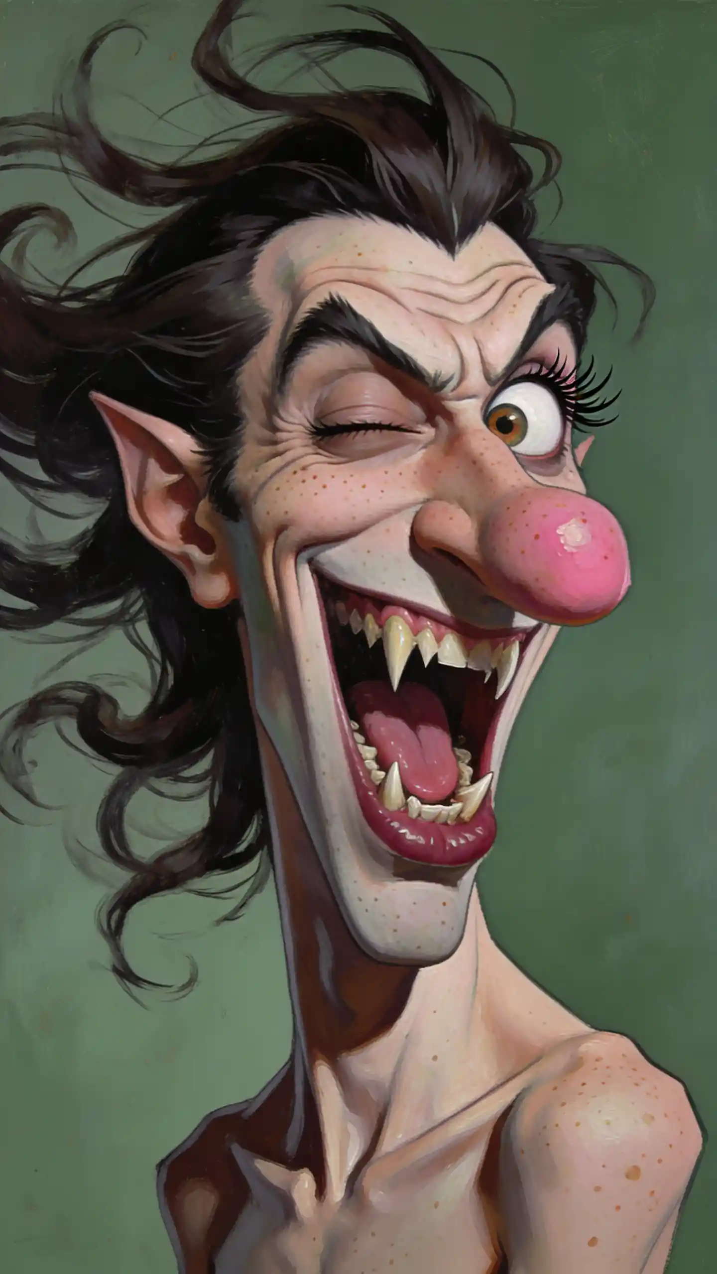 Laughing vampire caricature with wild hair and studio lighting