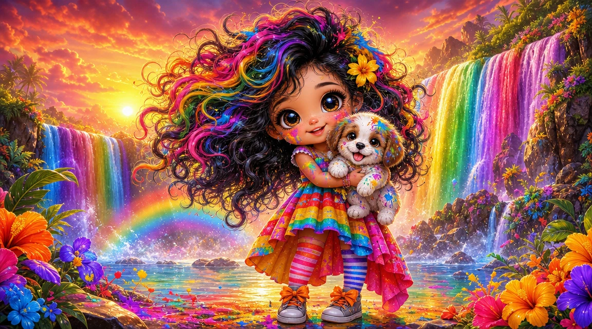 Rainbow Haired Chibi Girl Holding Puppy By Waterfall