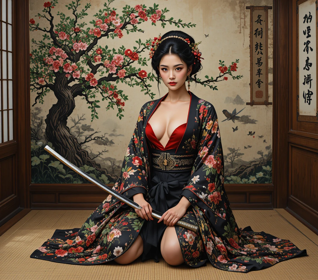 Asian warrior woman kneeling in torn kimono with katana