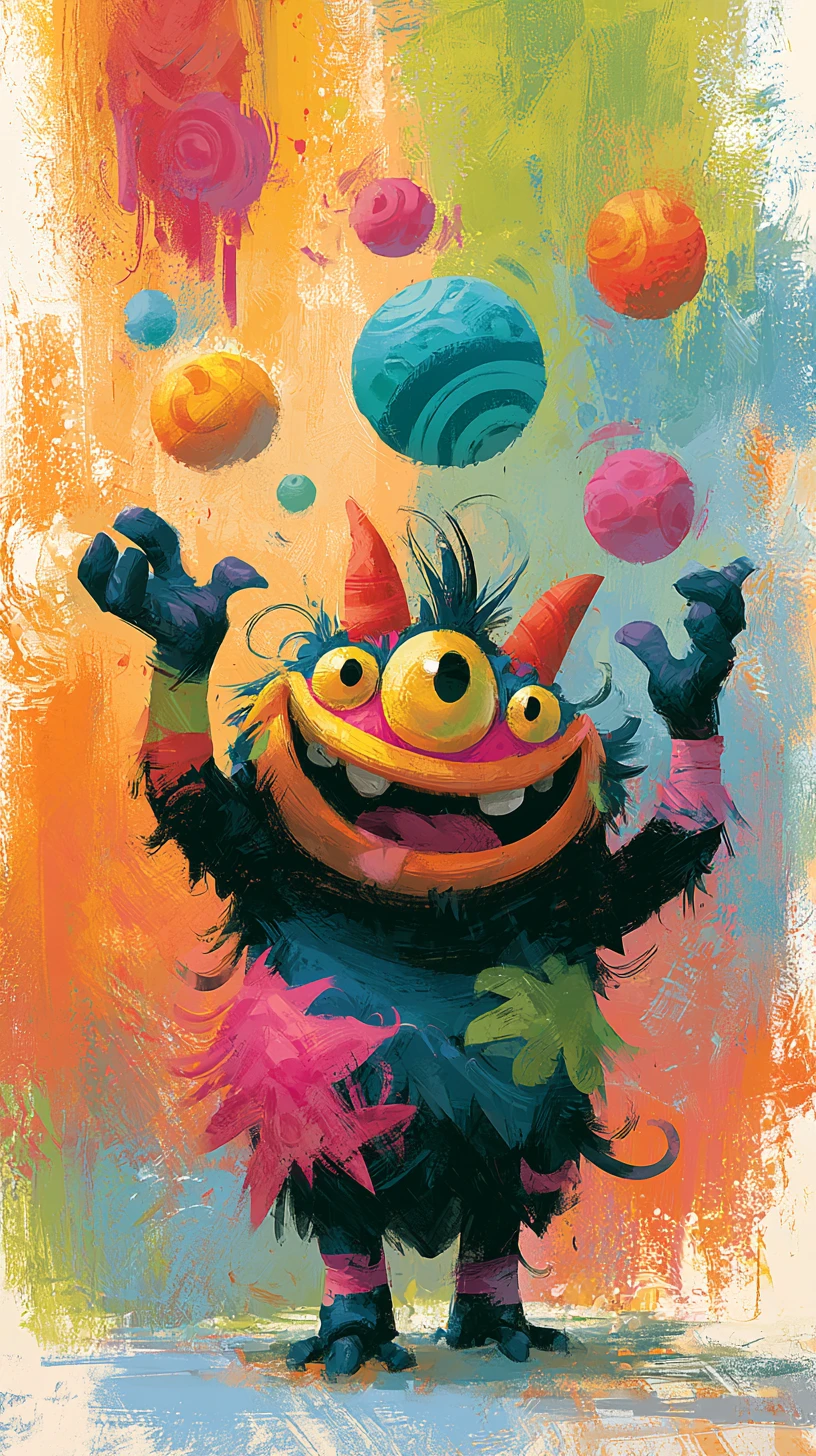 Playful furry monster juggling colorful abstract shapes