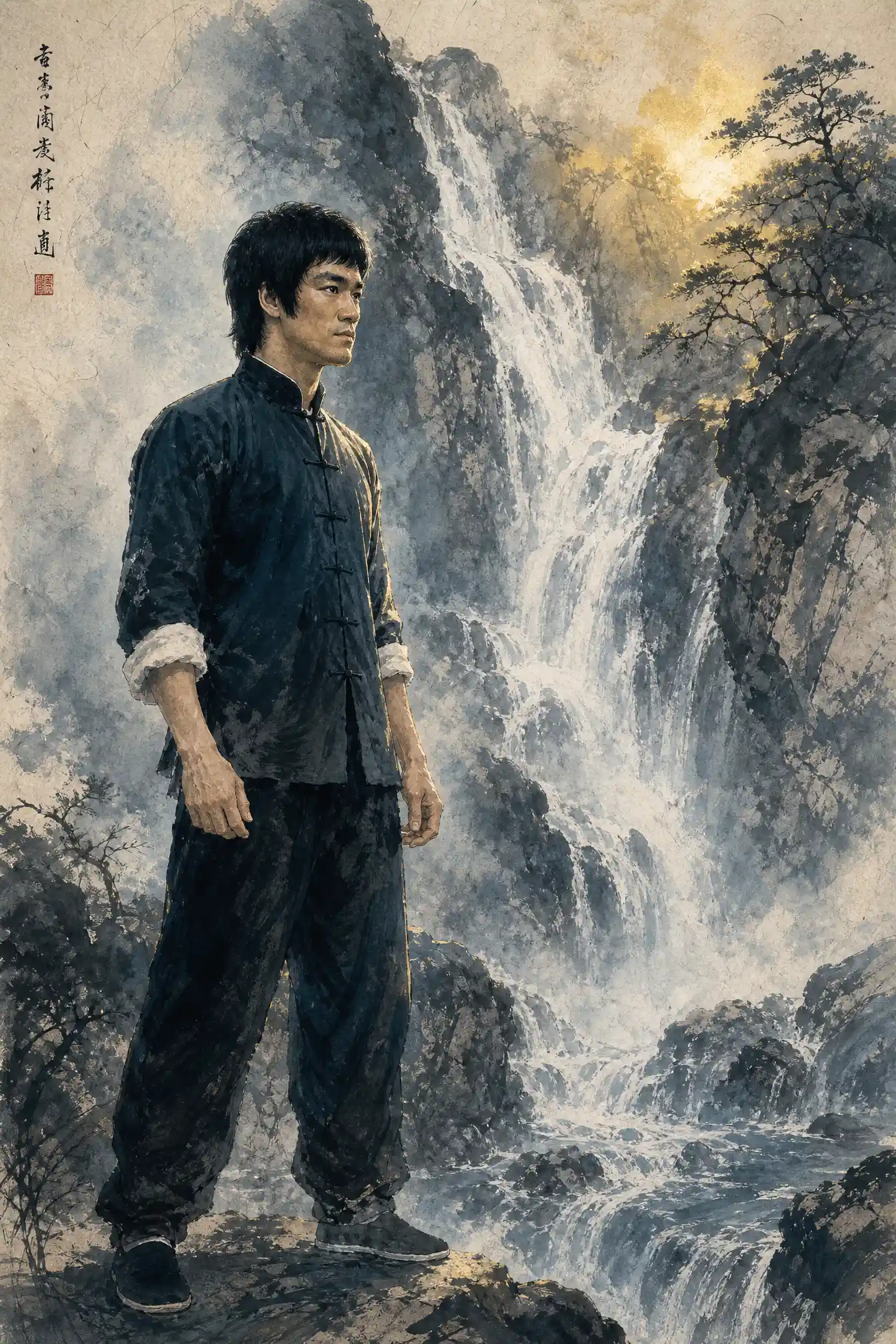 Bruce Lee In Watercolor Beside A Rushing Mountain Waterfall