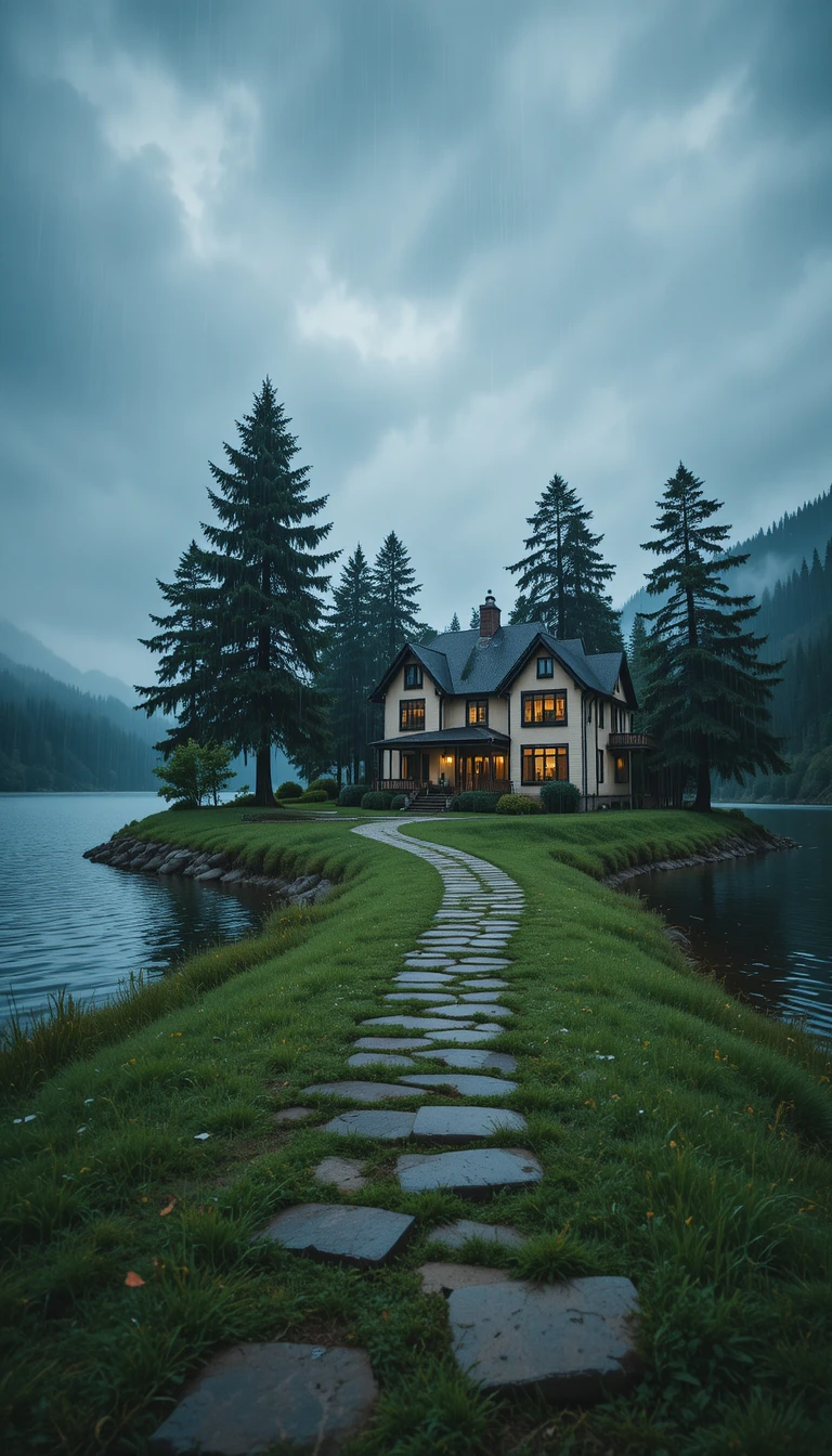 Cozy lakeside house in gentle rain at dusk