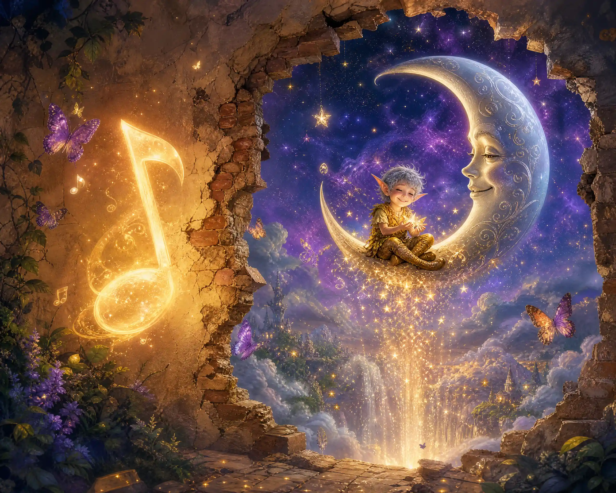 Magical elf on a glowing half moon in surreal sky