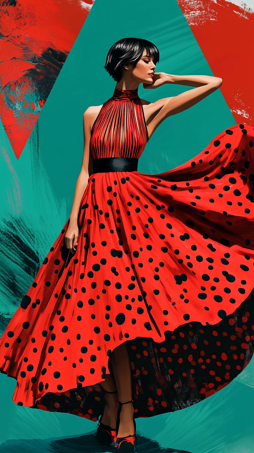 Fashion model in red dress against bold teal abstract backdrop