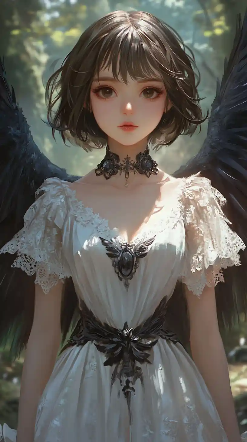 Winged anime girl in white lace dress in forest