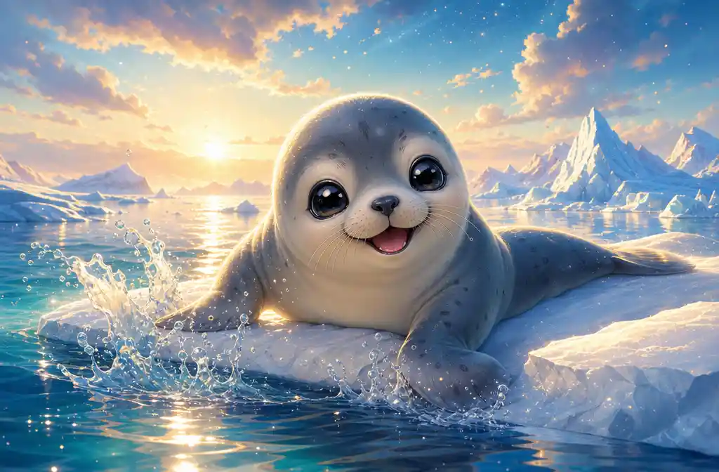 Cucciolo di foca gioioso su lastra di ghiaccio soleggiata in stile Pixar
