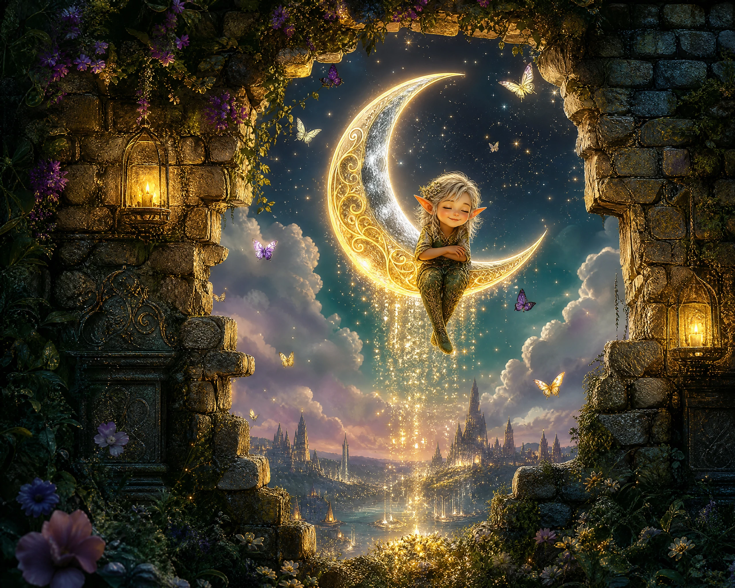 Elf Sitting On Magical Half Moon Behind Crumbling Wall