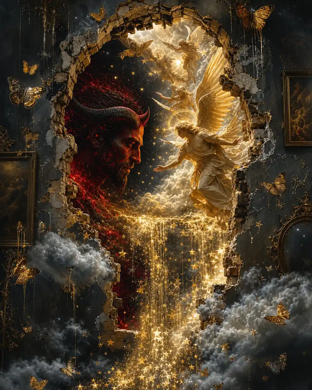 Crumbling wall opening onto glowing angels and devil