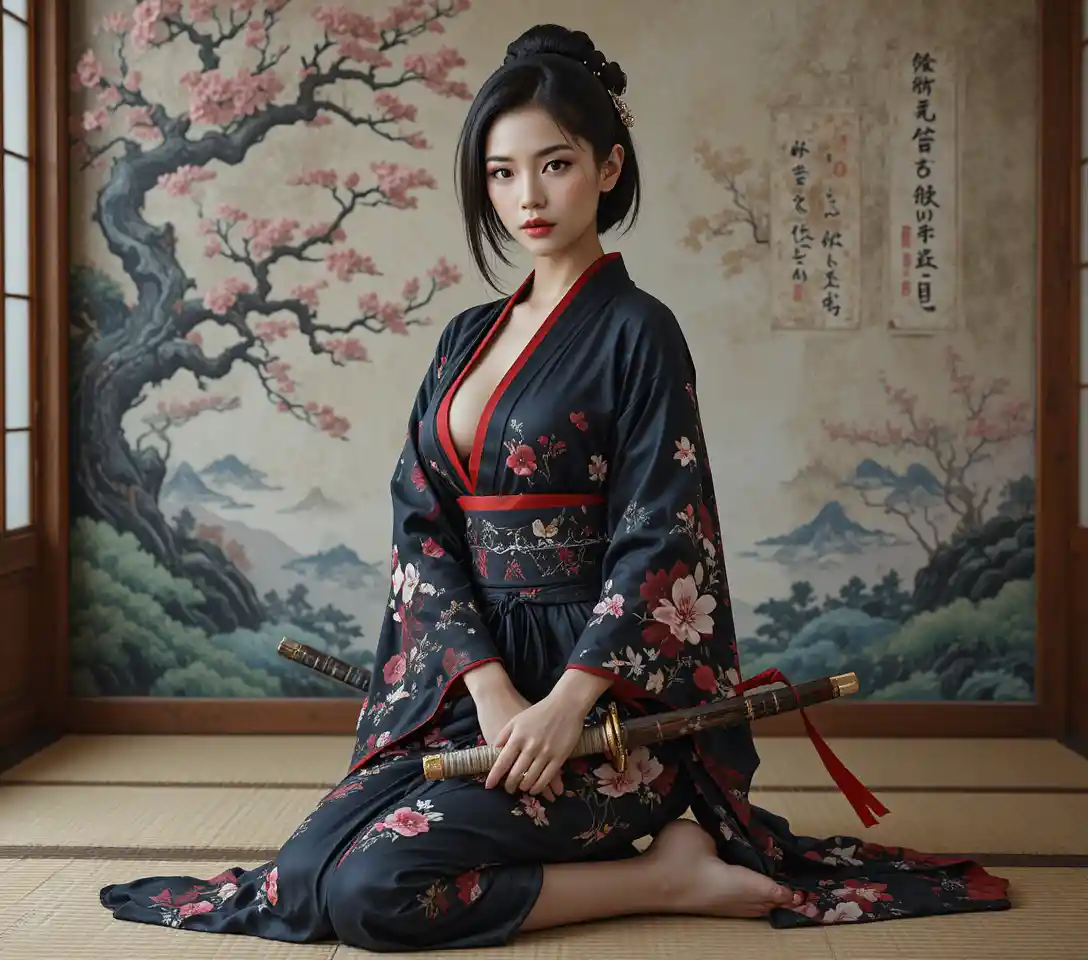 Asian warrior woman kneeling in torn kimono with katana