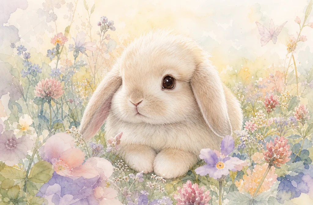 Watercolor baby rabbit resting among soft pastel wildflowers