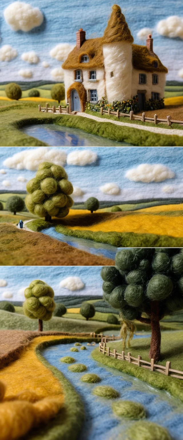 Needle felted 3D cyclists touring through a soft green landscape