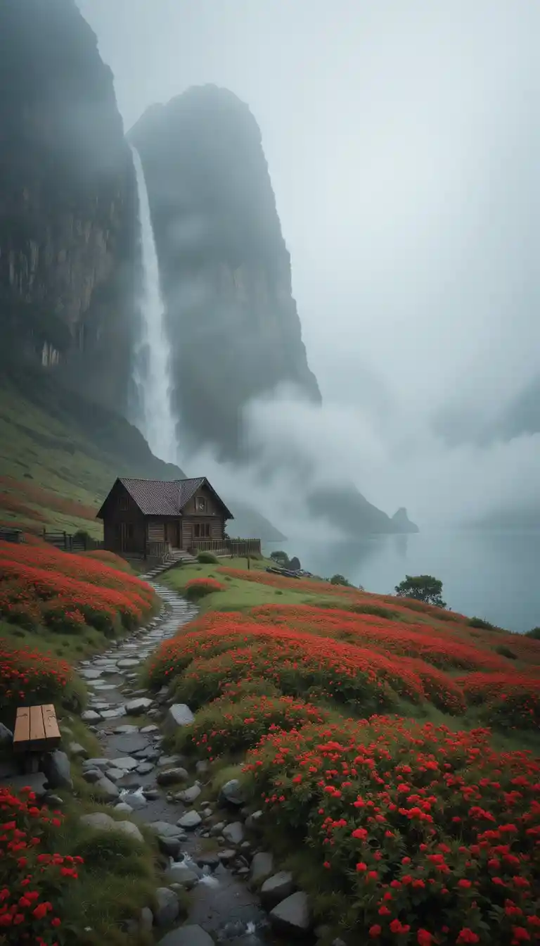 Misty mountain cottage beside red flower field and lake