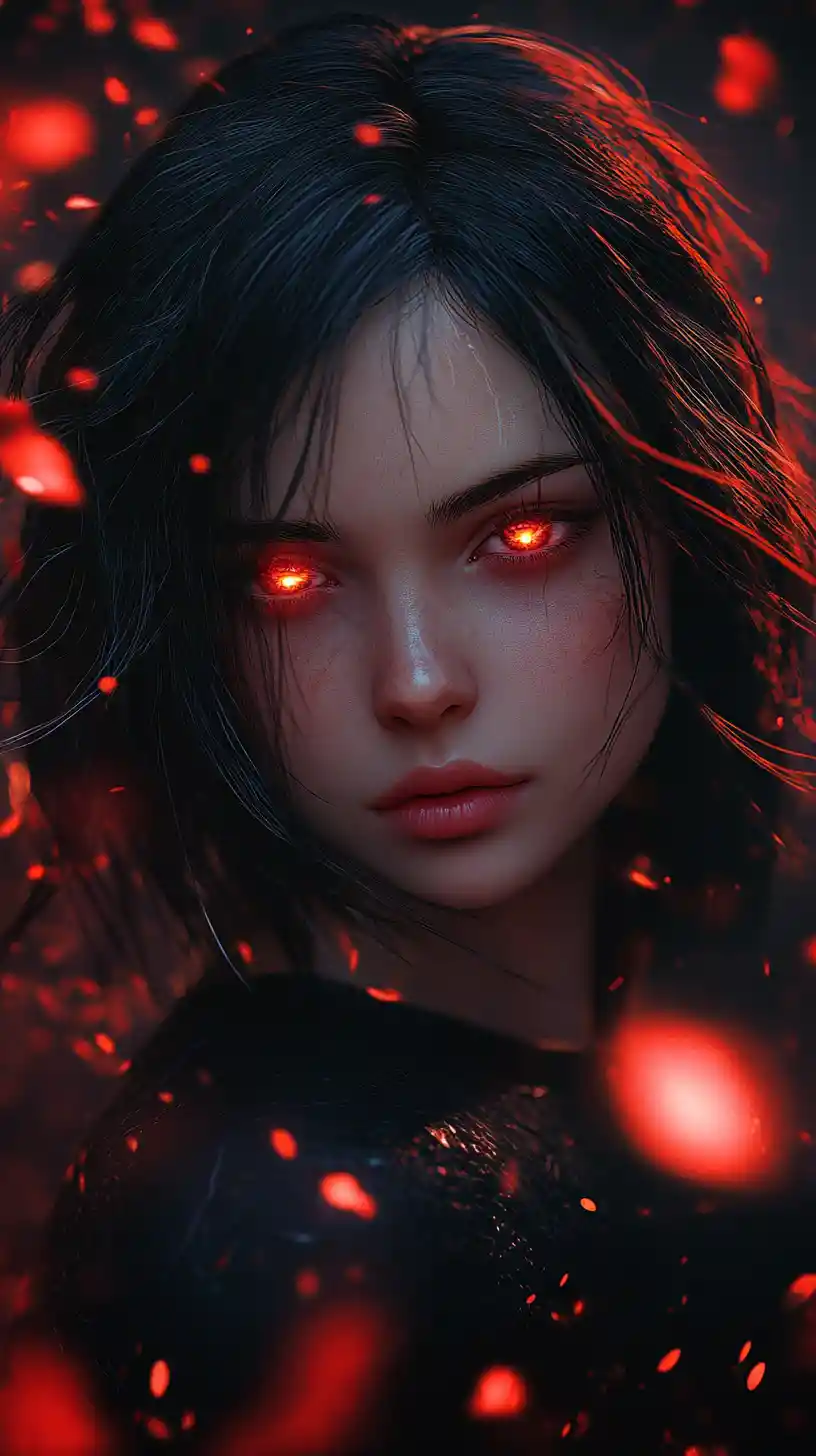 Anime girl with glowing red eyes in floating petals