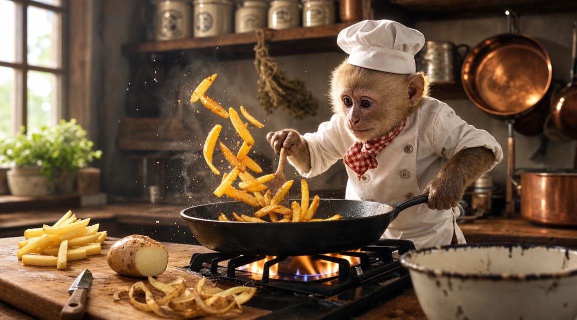 Joven mono capuchino chef lanzando papas fritas en la cocina