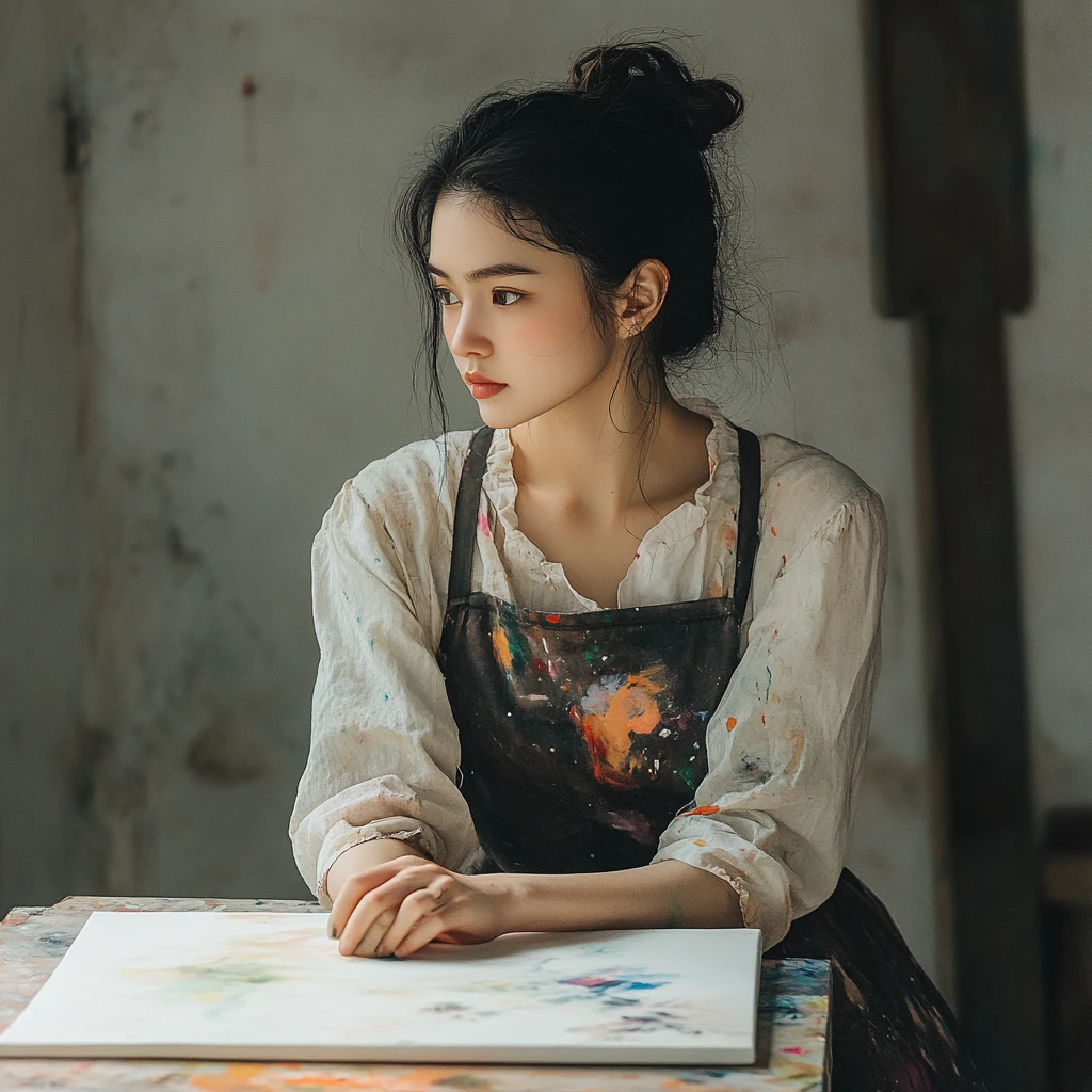 Thoughtful woman in apron facing a blank framed canvas