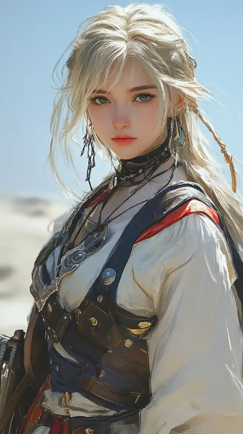 Blonde desert adventurer girl with sword and tribal tattoo