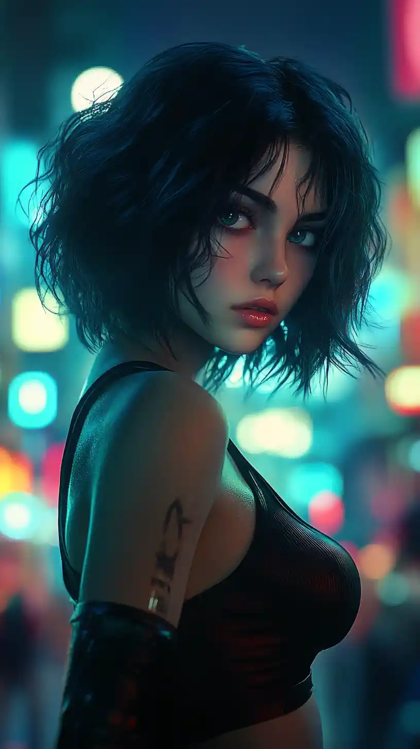 Cyberpunk woman gazing back in neon lit city night