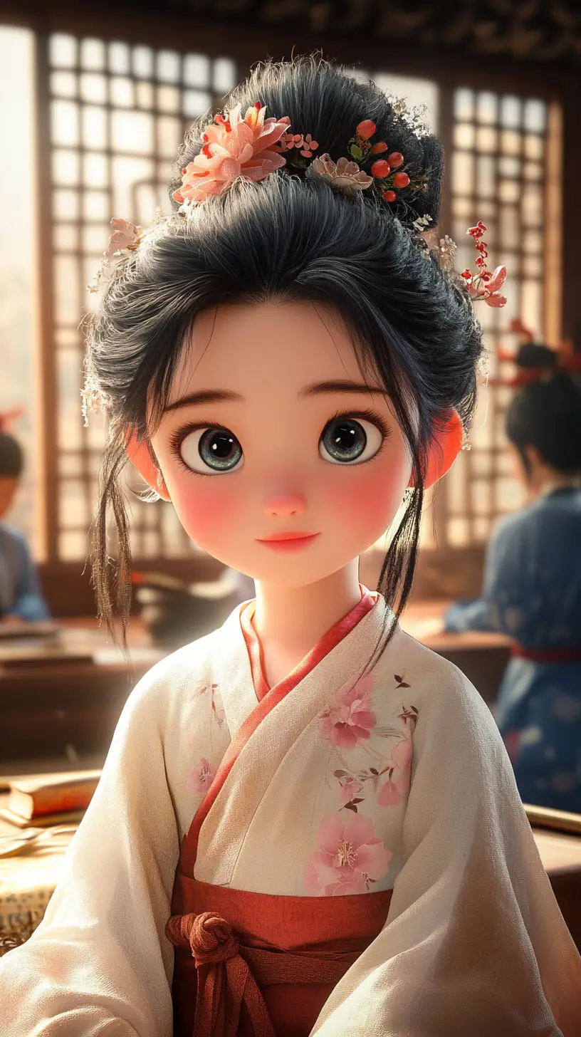 Young anime girl in a traditional Chinese study room