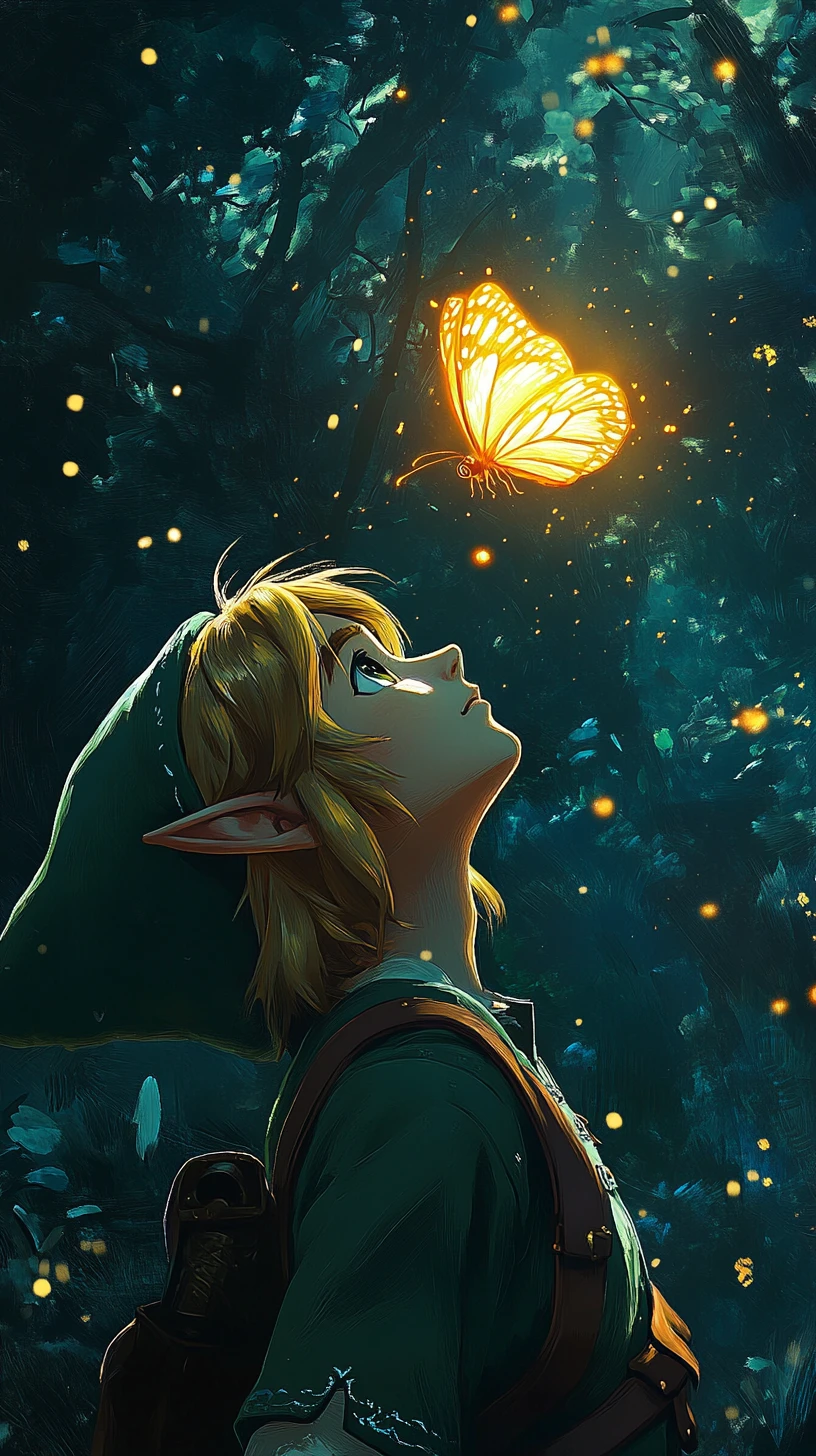 Young fantasy hero gazing at glowing butterfly in forest