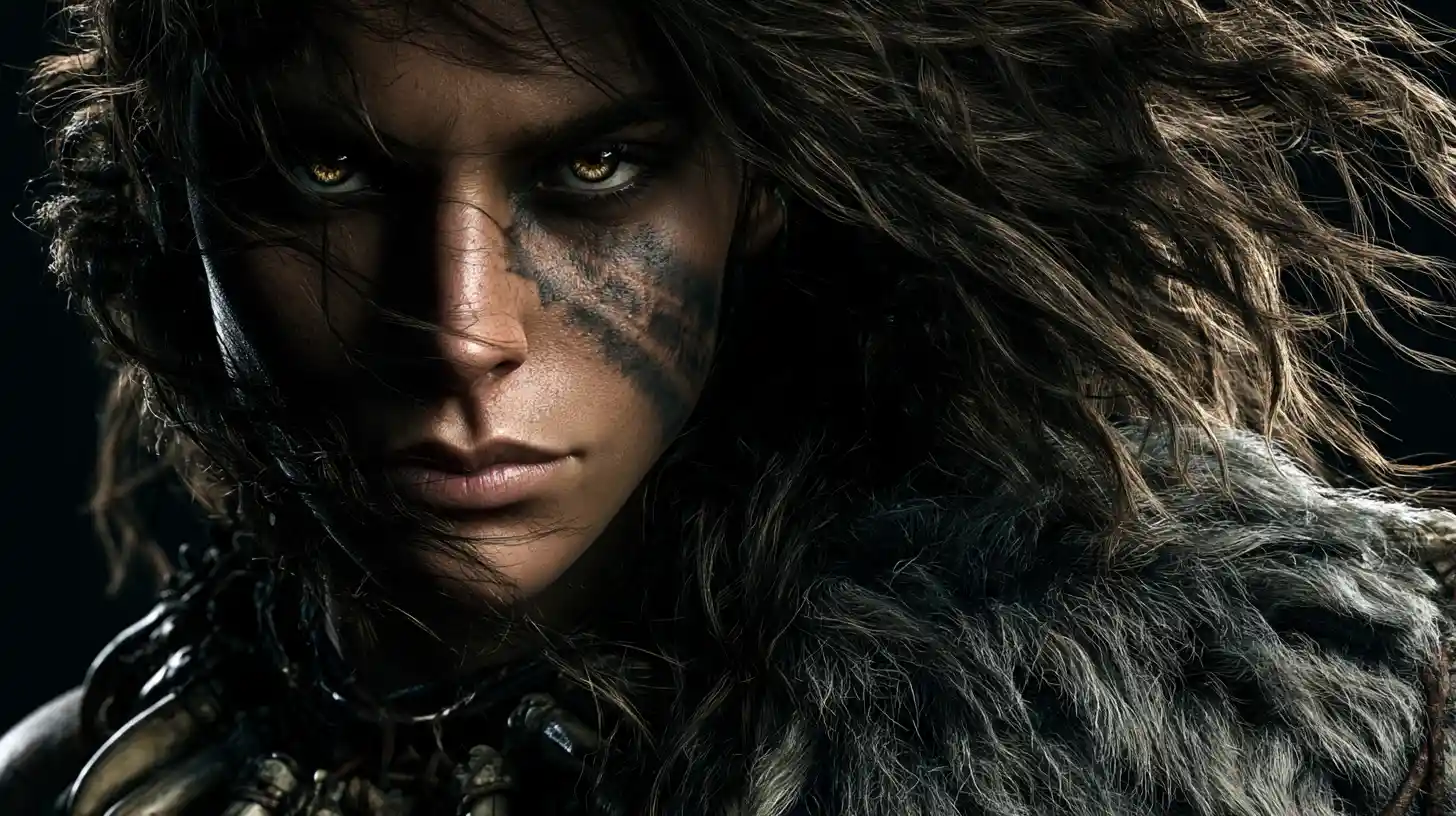 Fierce barbarian queen portrait in dramatic chiaroscuro light
