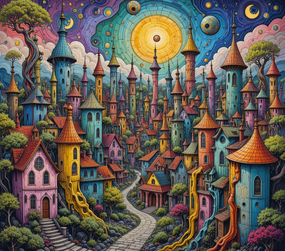Surreal rainbow cityscape with melting facades and twisted towers