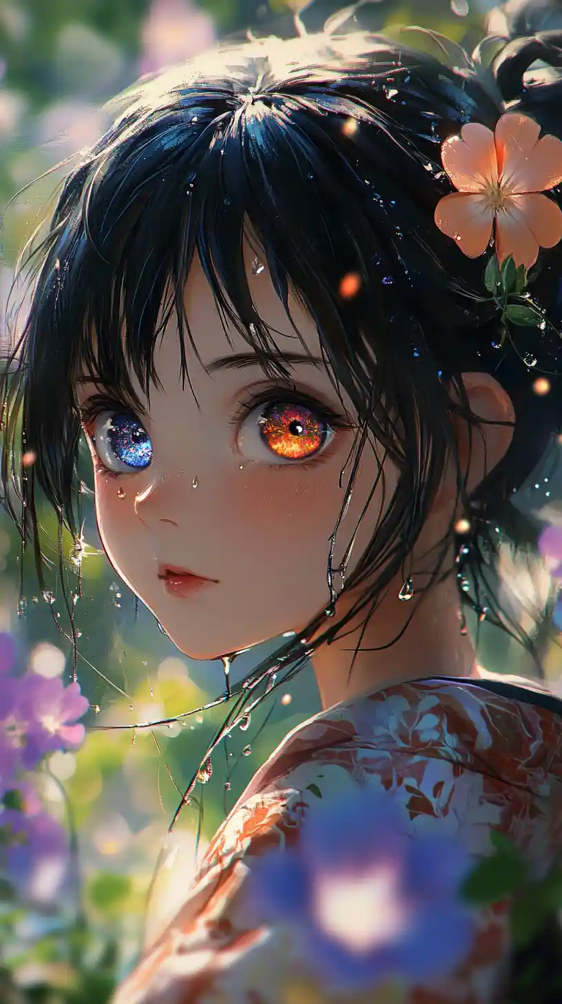 Anime girl in yukata with cosmic eyes in flower garden