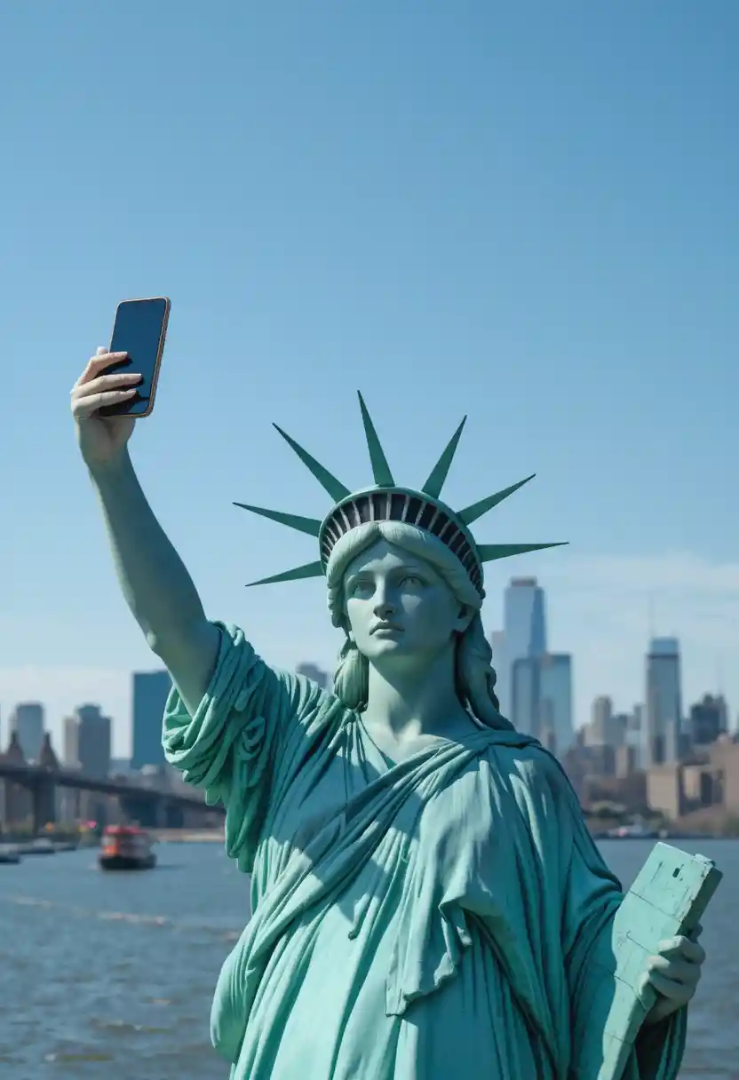 Statue of Liberty taking a selfie above the New York skyline