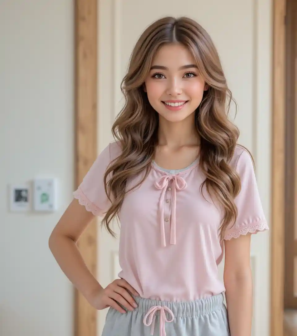 Smiling young woman in pink pajama outfit indoors