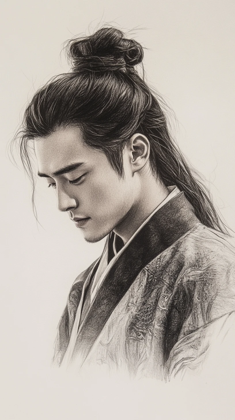 Charcoal portrait of young Asian man in traditional robes