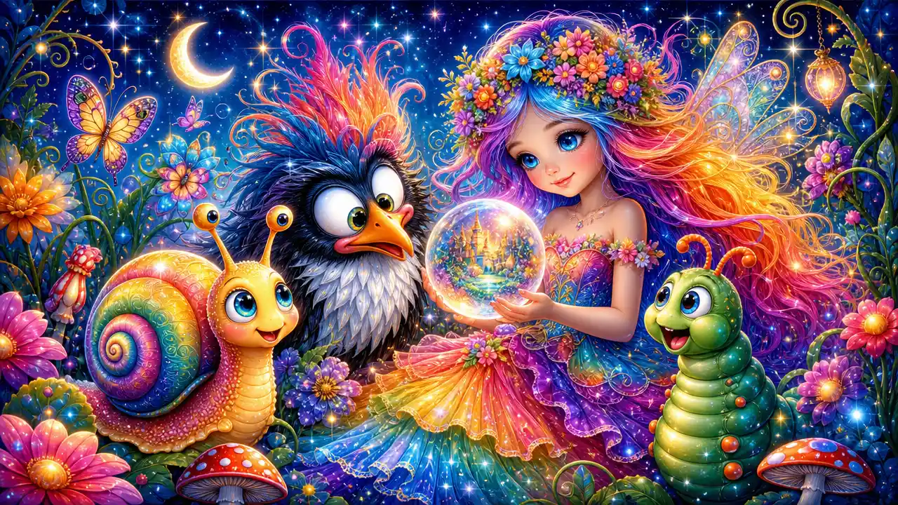 Rainbow haired fairy girl in a magical night garden