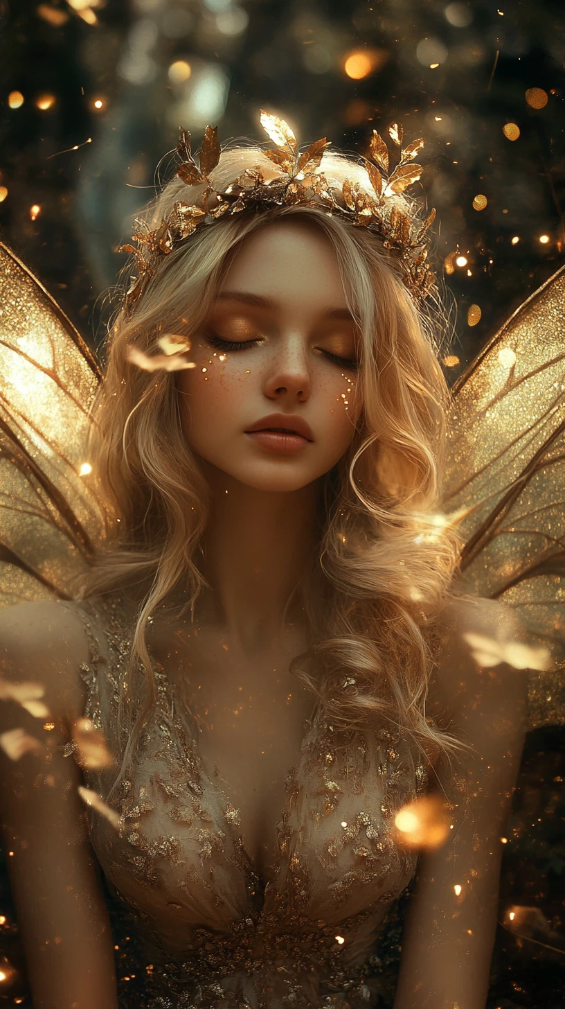 Golden haired fairy queen in a dark enchanted forest