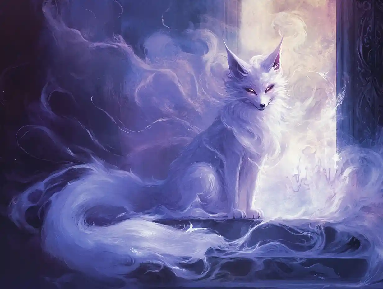 Spirito mistico di volpe a nove code in una stanza illuminata da candele