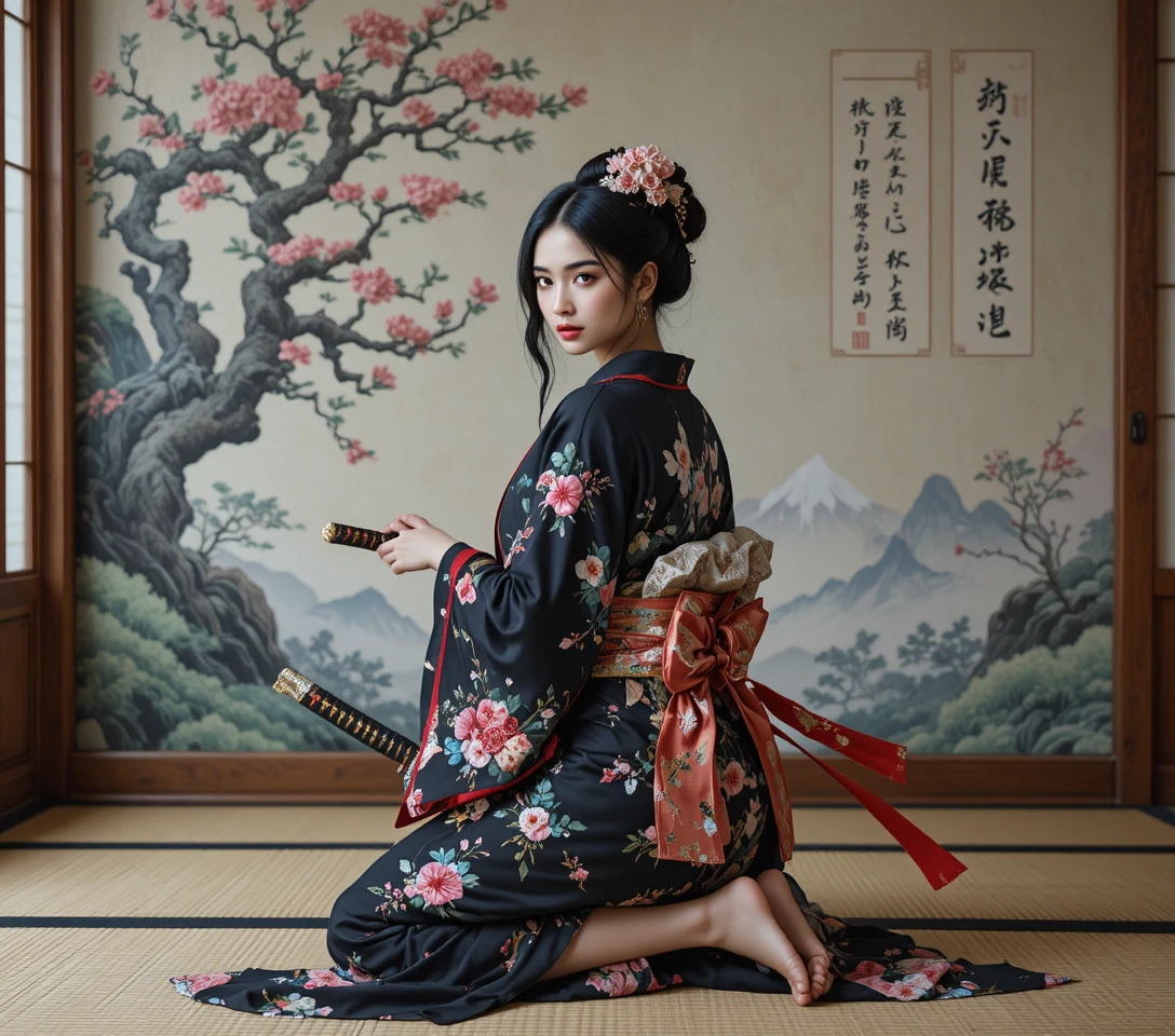 Guerriera asiatica in ginocchio con katana in kimono