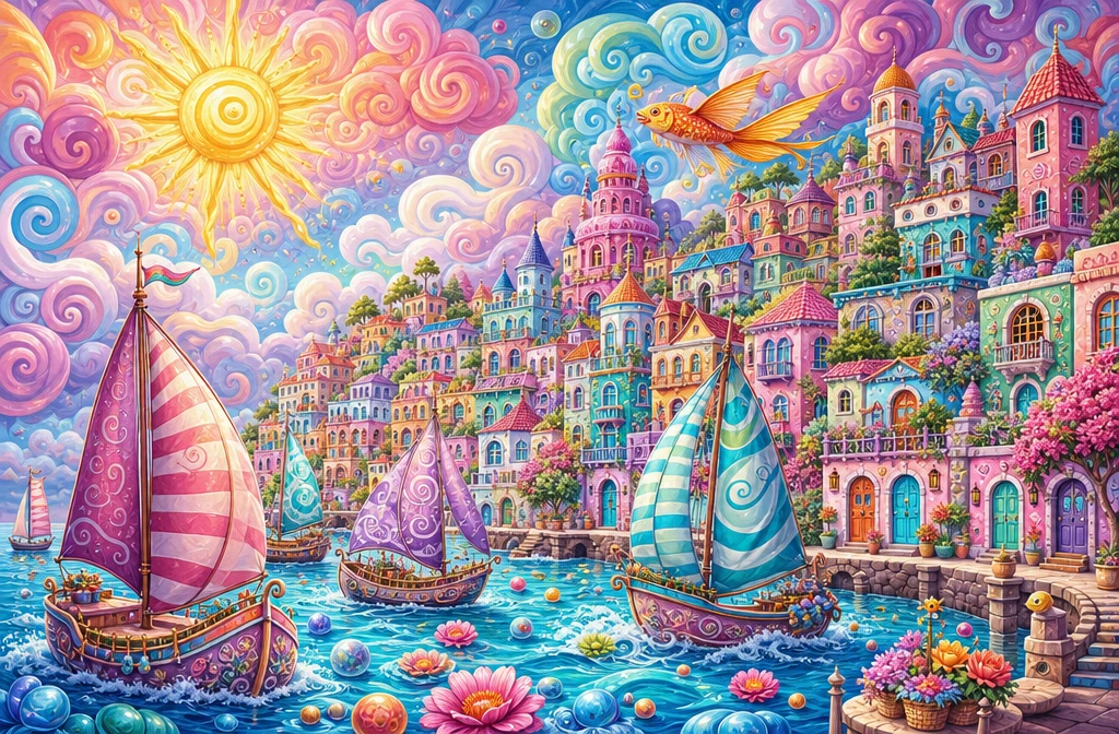 Whimsical pastel coastal village with colorful sailing boats