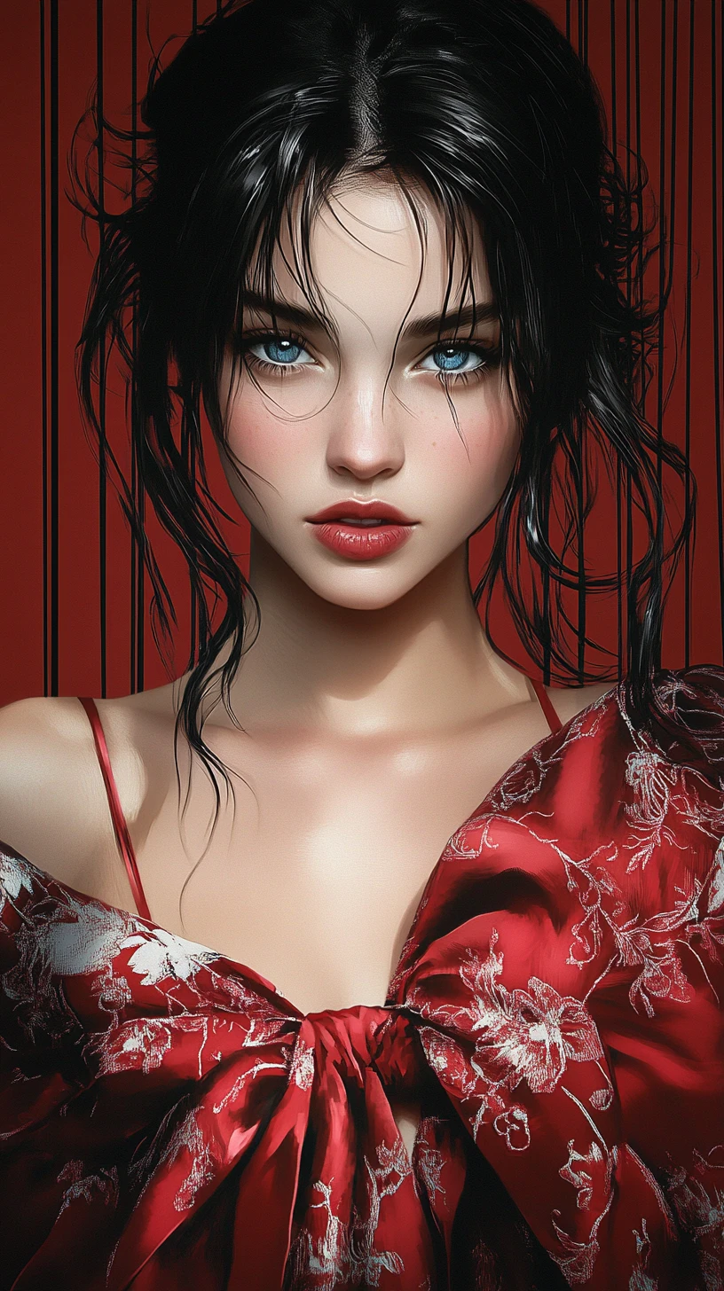 Fashion illustration of a woman in red against dark background