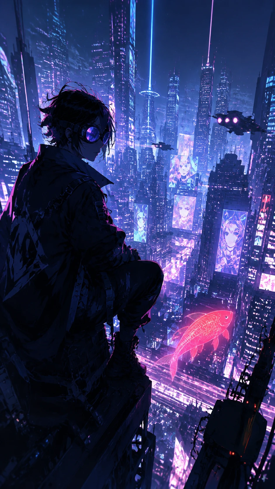 ネオン輝く近未来都市の夜景を見下ろすアニメヒーロー