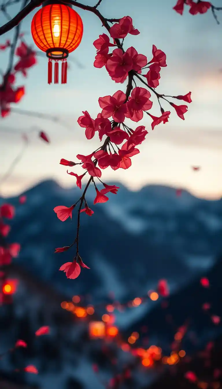Pink blossoms drift through lantern light in winter dusk