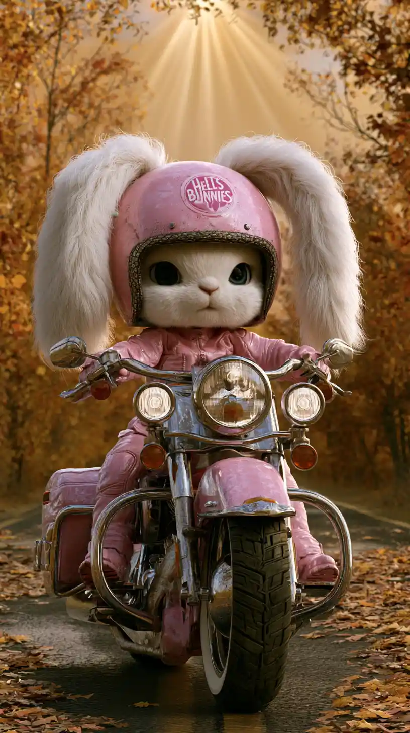 Chibi rabbit riding a pink motorcycle on sunlit road