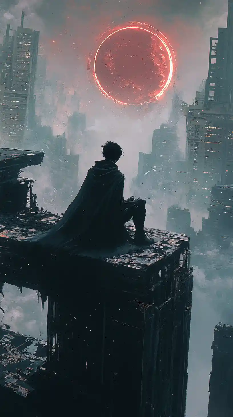 Solitary figure on a ruined rooftop above dystopian city