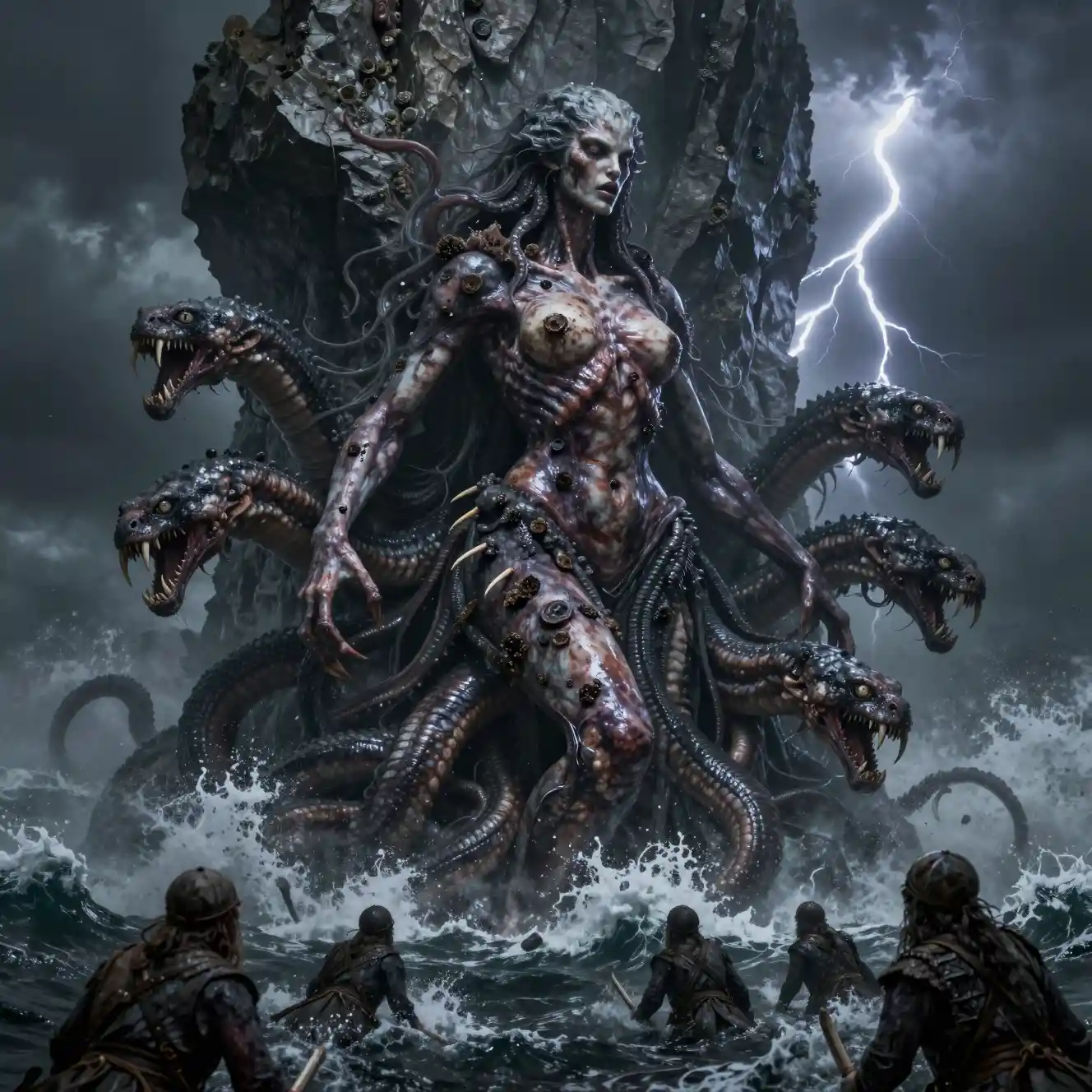 Scylla sea monster rising from stormy jagged cliffs