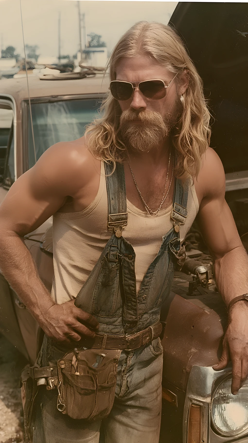 Young seventies father working on his car outdoors