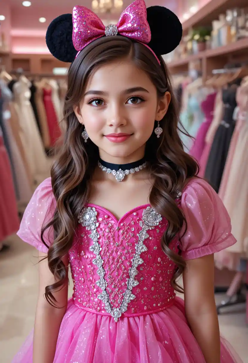 Preteen princess in hot pink Minnie Mouse dress in shop