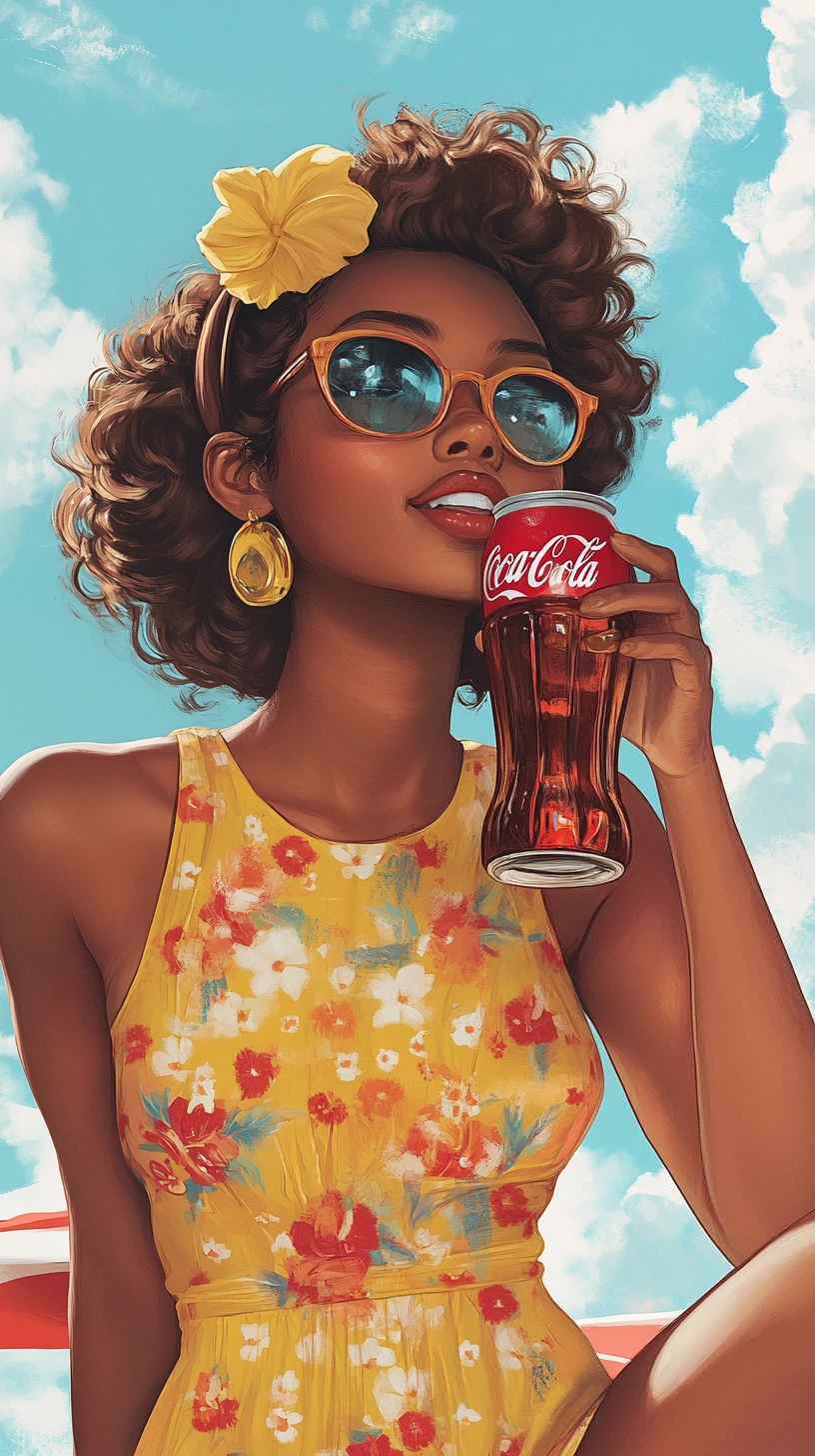 Young woman in 2000s dress drinking cola outdoors