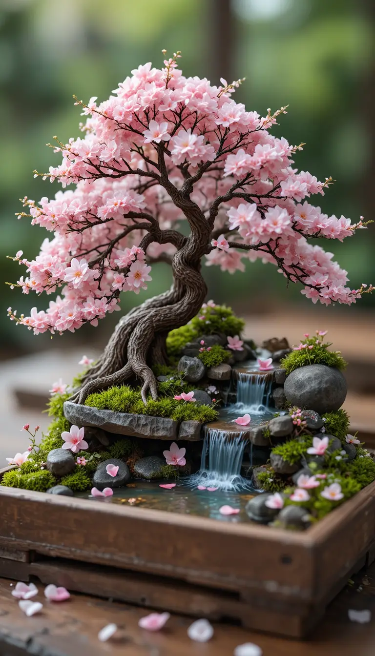 Miniature bonsai landscape with cherry blossom tree and pond