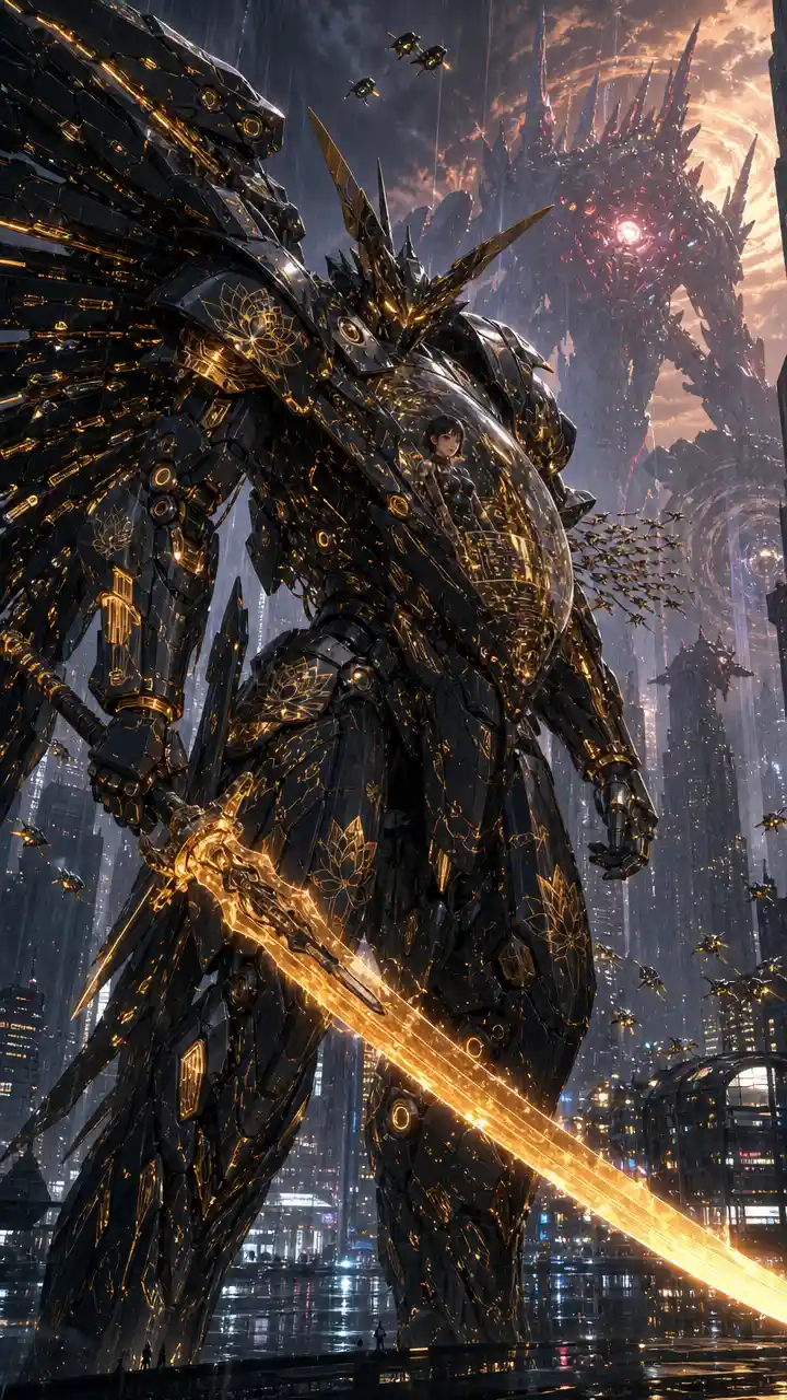 Colossal anime mecha guarding a futuristic rainy megacity