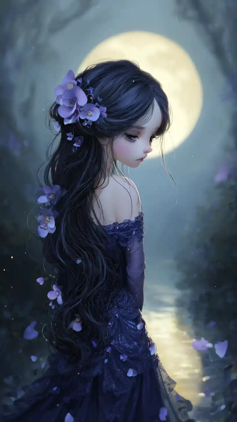 Melancholic girl in blue gown under moonlit forest sky