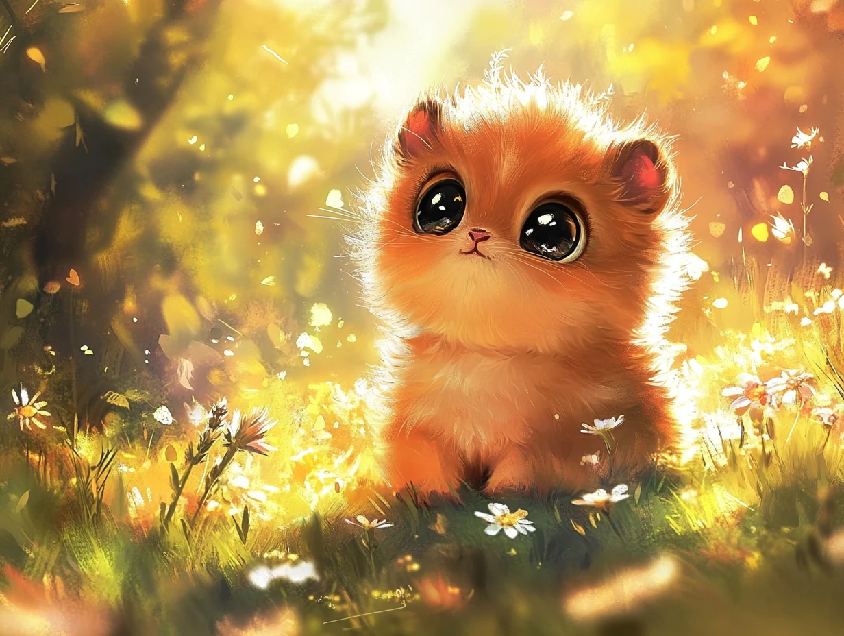 Adorable baby animal with big eyes in sunny meadow
