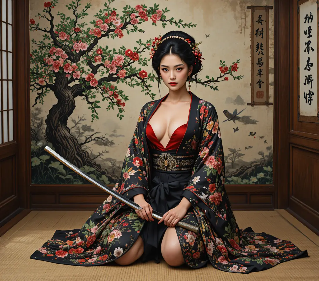Asian warrior woman kneeling in torn kimono with katana