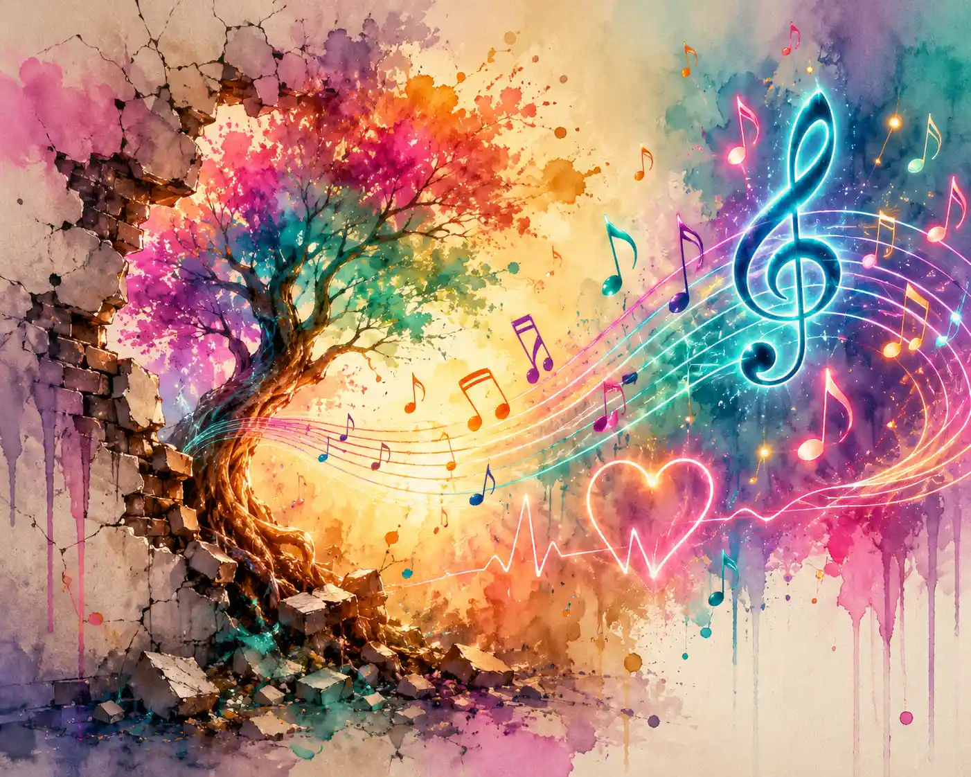 Glowing music note with flowing staff on crumbling wall