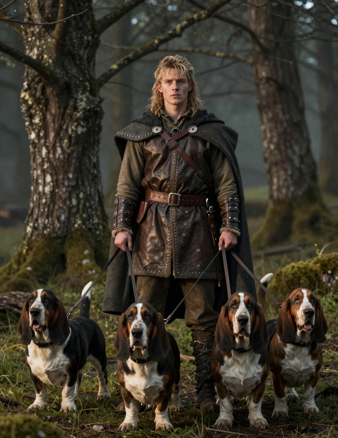 Young man with basset hounds in a cinematic fantasy field
